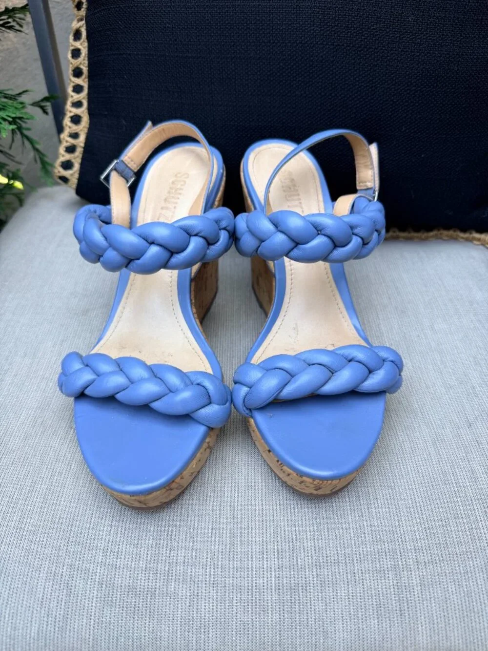 Schutz Cornflower/Periwinkle Blue Braided Leather Cork Platform Wedge Sandals 9